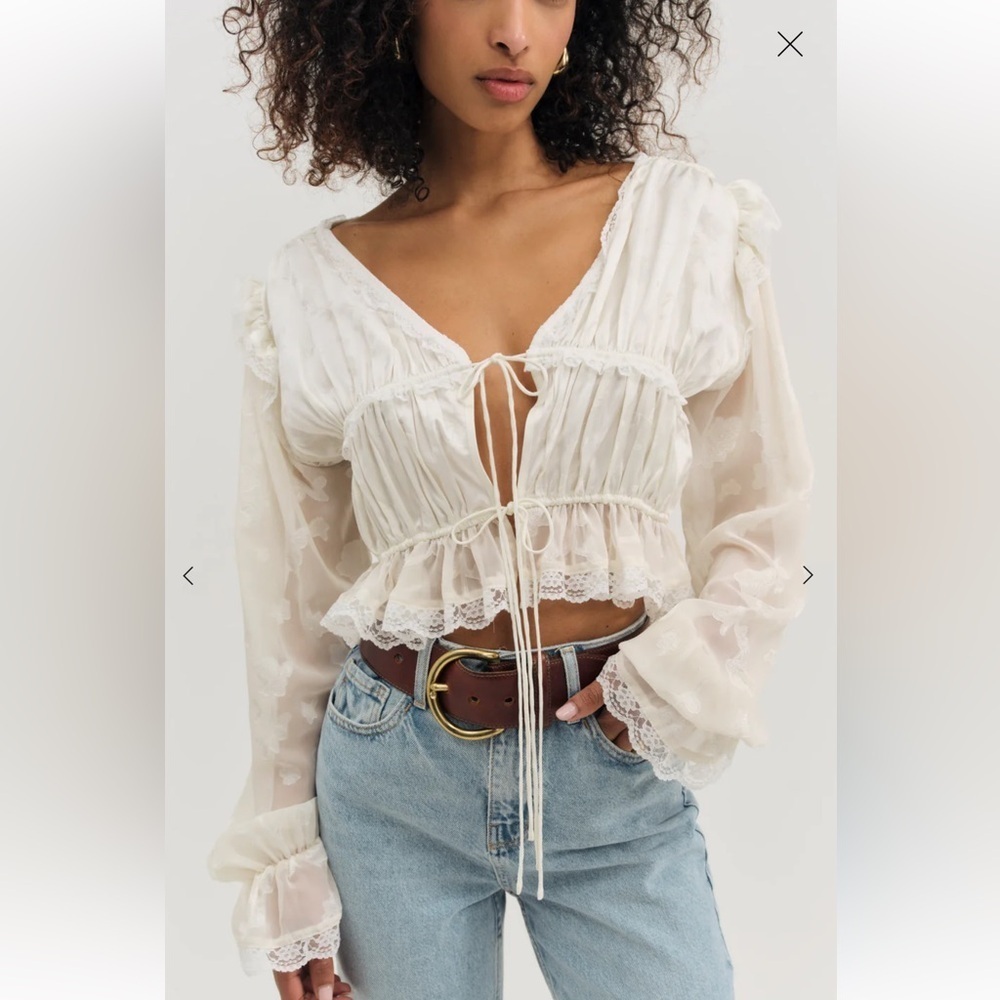NWT For Love & Lemons Jeanne Jacquard Top White Lace Tie Front Size XS